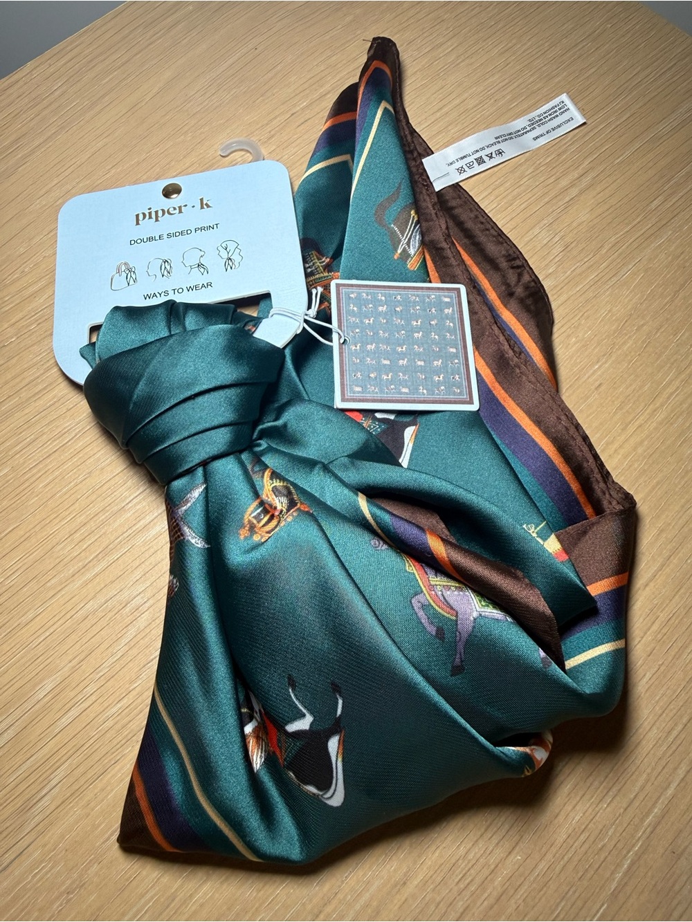 Piper Green Equestrian Print Pocket Square with Brown & Orange Trim